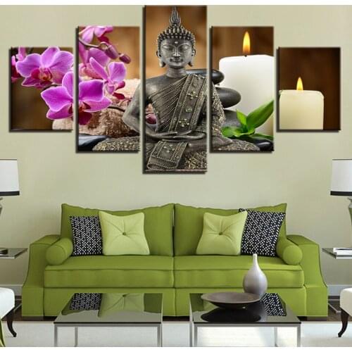 Framework Modern Living Room Decorative Artwork 5 Panel Buddha Candles Flowers Wall Art Poster Modular Picture Canvas Painting