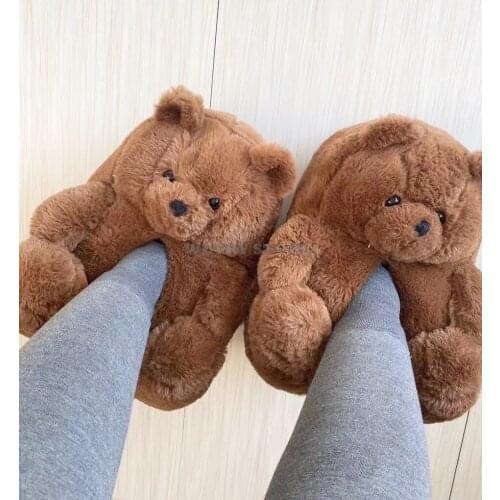 2021 PlushHouse Slippers Women Household shoes Soft Anti-slip Faux Fur Cute Fluffy Home Slippers Women Winter Teddy Bear Shoe