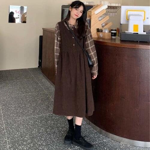 Corduroy Autumn and Winter Strap Vest Dress Female Mid-length Skirt Student Long Skirt Japanese Cute