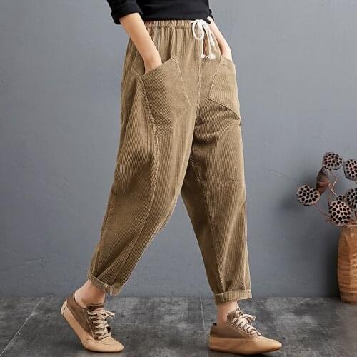 Corduroy Thick Lace-up Casual Dress High Waist Harem Pants Pockets Vintage Autumn Spring Pants Memale Long Pants trousers