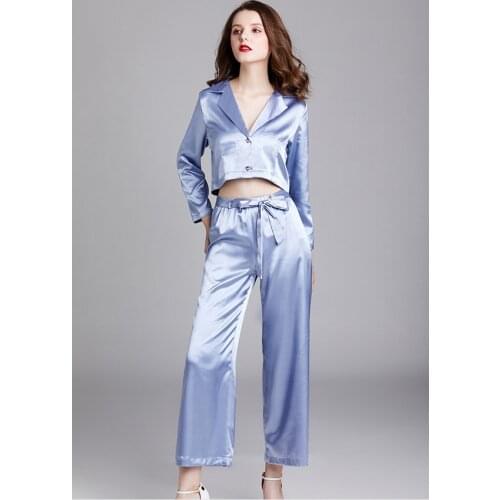 Spring and summer women fashion loose candy color soft satin fabric casual pajama set faux silk pyjama