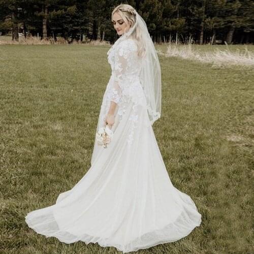 Country Style Wedding Gown with Sleeves V Neck Beaded Lace Appliques Vintage Bridal Gowns Sweep Train