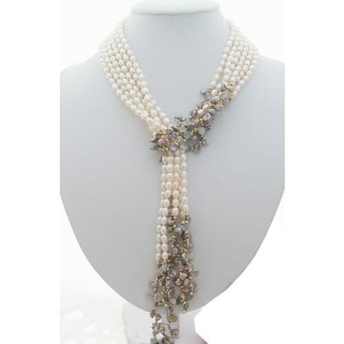 Jewelry Pearl Necklace Wholesale price new hot sell 3Strds 49" White&Grey Keshi Pearl Necklace shipping free Free Shipping