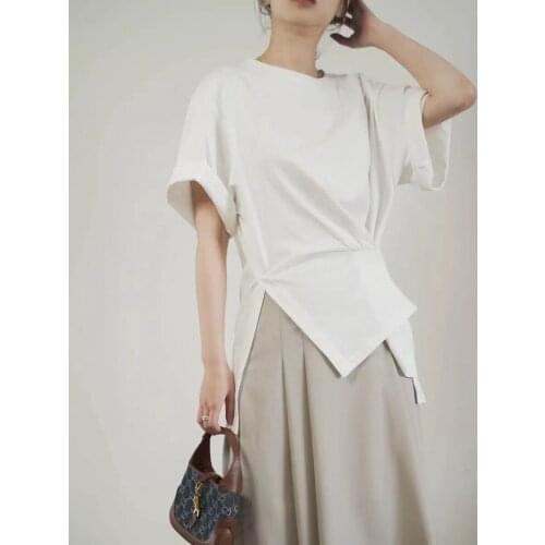 Summer High 2021SS Quality Women Cotton Asymmetrical Short Sleeve T-Shirt Tee Female Chic Tops 2 Color Gdnz 7.17
