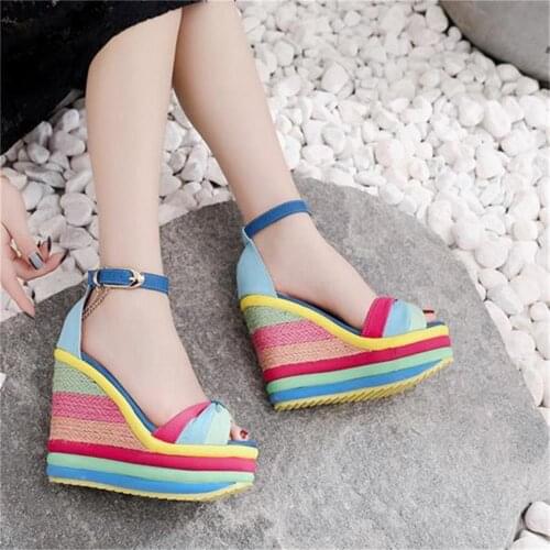 2021 Summer Rainbow Wedges Plarform Sandals Shoes Women Roman Peep Toe Women Sandal Shoes Zapatos Mujer Sandalias De Las Mujeres