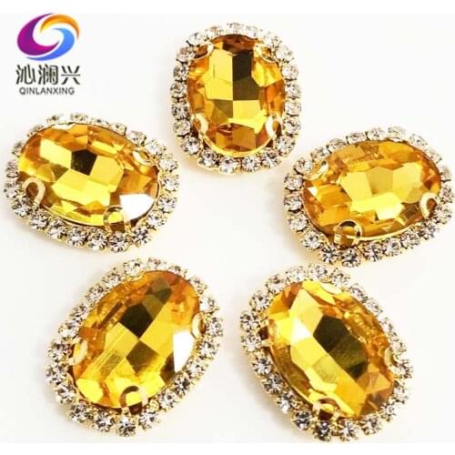 Golden yellow oval shape top quality Glass Crystal buckle,golden base sew on rhinestones,Diy/Clothing/wedding decoration SWTKG19