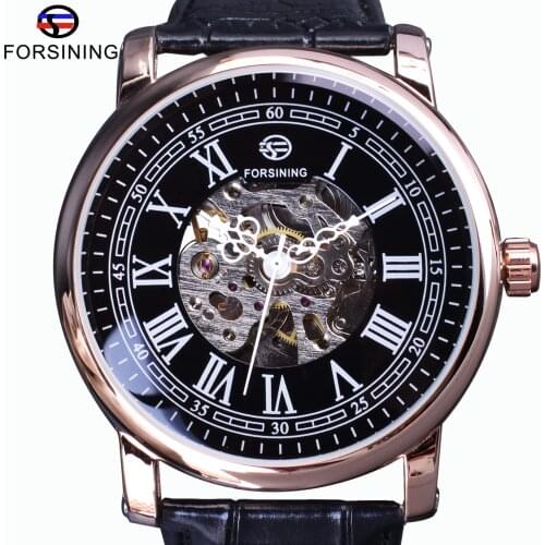 Forsining Retro Series Roman Skeleton Display Black Dial Mechanical Clock Rose Golden Case Mens Automatic Watch Top Brand Luxury