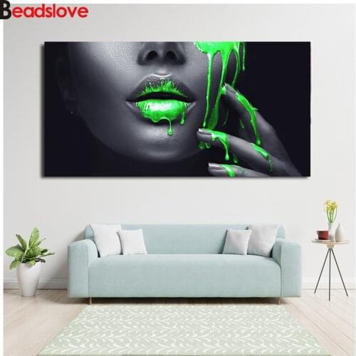 Black Africa Woman Green Lip painting diamond 5d diy diamond painting full square round diamond embroidery for home wall decor