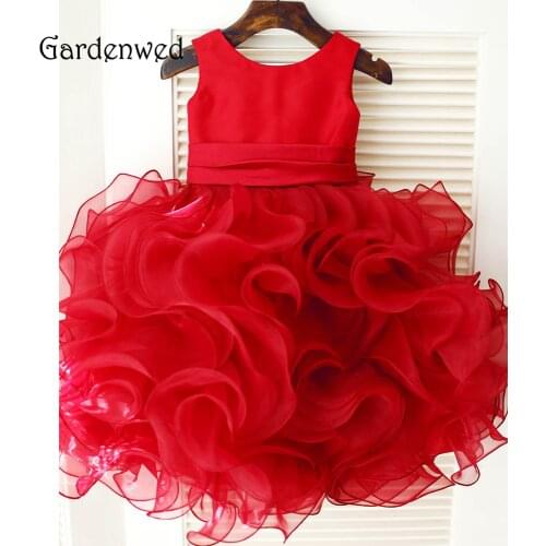 Gardenwed 2019 Lovely Red Primera Comunion Kids Bridal Dresses Back Rose Flowers Satin Belt Ruffle Skirts Puffy Flower girl Gown