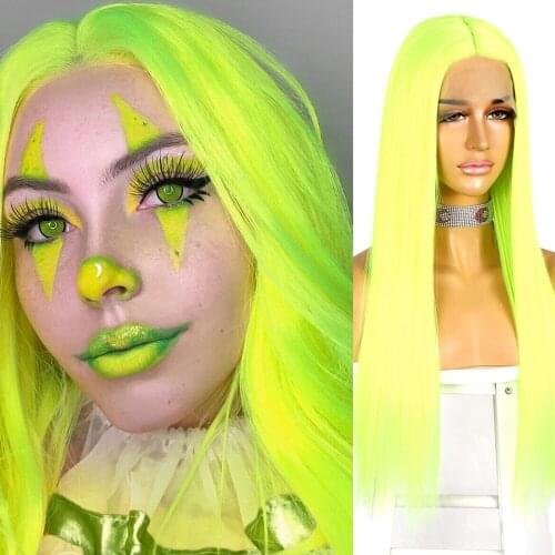 Long Straight Synthetic Lace Wig Neon Yellow Color Wig T Middle Parting Daily Wigs for Women Cosplay Party Heat Resistant