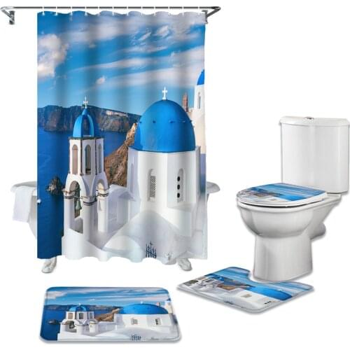 Greece Santorini Blue Roof Church Durable Waterproof Shower Curtain Set Bathroom Rugs Carpet Toilet Seat Cover Pad Floor Mat