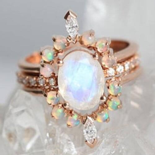 Fashion Exquisite Rose Gold Round White Opal Colorful Zircon Ring Beautiful Bridal Engagement Wedding Jewelry
