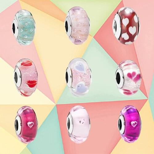 New S925 Sterling Silver Love Pattern Glass Beads Suitable for European Style DIY Bracelet Valentines Day Womens Jewelry