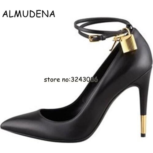 Sexy Pointed Toe Gold Padlock Chain Ankle Strap Ladies High Heels Snakeskin Ladies Dress Shoes Women Patent Leather Pumps