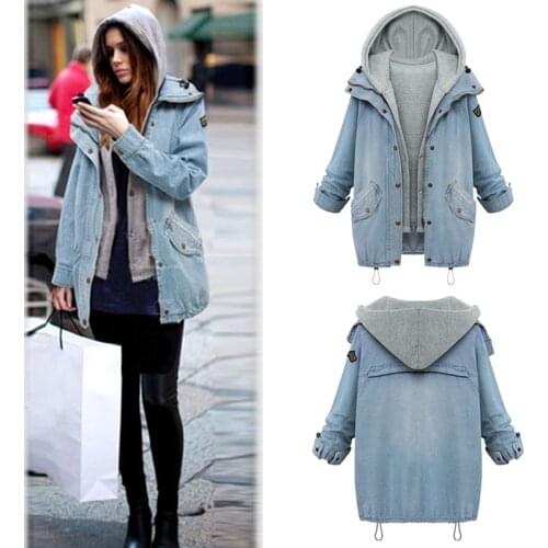 Drop Shipping Fashion Women 2 Two Piece Set Denim Jacket Hooded jacket Oversized Casual Basic Coats Outerwear Light Blue M-6XL