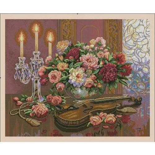 Romantic Floral Flower and Violin Embroidery High Quality Needlework 14CT Unprinted Cross Stitch Kits DIY Handmade Home Decor
