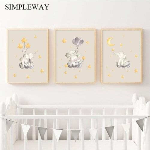Elephant Moon Star Art Canvas Poster Animal Nursery Print Canvas Painting Wall Picture Nordic Kids Baby Bedroom Decoration