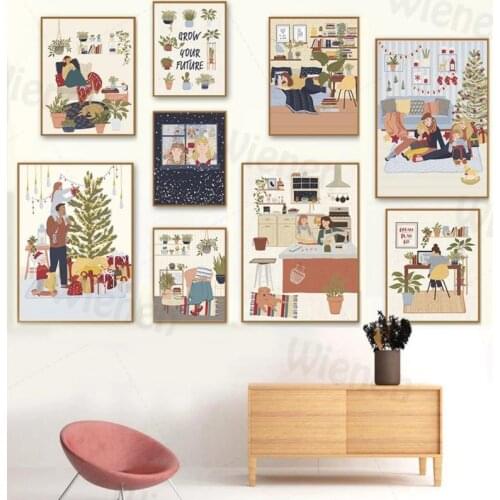 Warm Illustrations Decor Painting Parent-Child Couple Life Normal Home Decoration Canvas Prints Christmas Winter Modular Picture
