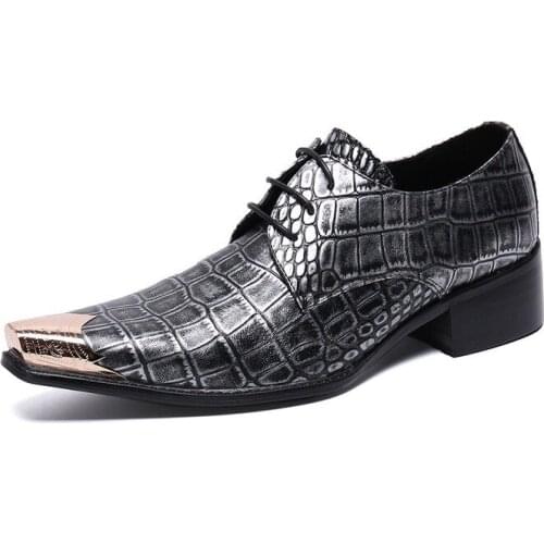 New Fashion Serpentine Genuine Leather Office Men Business Dress Shoes Elegant Man Lace-up Wedding Party Metal Toe Heels New