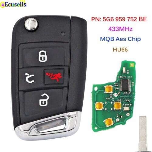 3+1 Button ASK 433MHz Smart Remote Key MQB AES Chip for VW Golf GTI Jetta Tiguan PN: 5G6 959 752 BM BE HU66 with Comfort Access