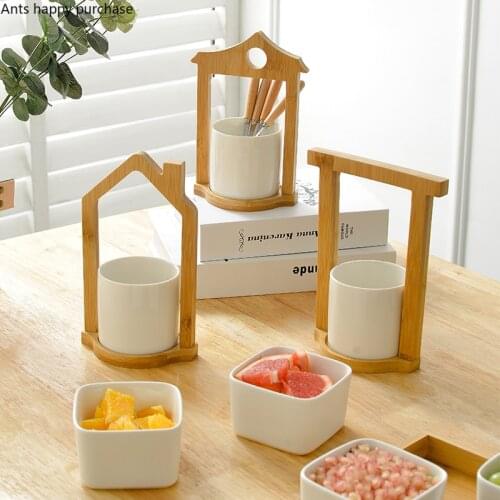 Fruit Fork Storage Tank Stainless Steel Wood Fork Spoon Tableware Storage Tank Ceramic Wood Finishing Tank Spoon and Fork Set