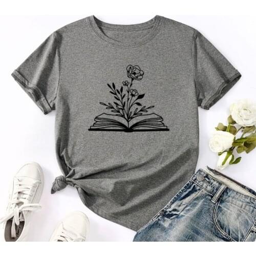 Summer Women Tshirt Short Sleeve Flower Book Print Female Fashion Casual Graphic Streetwear Ladies Regular Daily O-Neck Tee Tops