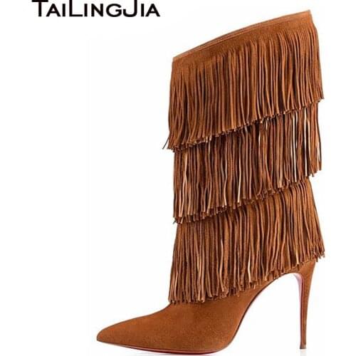 2020 Fashion Heeled Brown Pointed Toe Tassel Mid Calf Boots Ladies Winter Shoes Black High Heel Tan Fringe Boots For Women