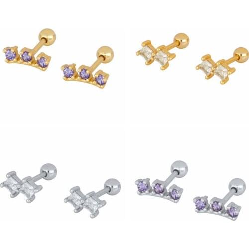 925 Sterling Silver Ear Needle Simple Pave CZ Stud Earrings for Women geometry White Purple Crystal Earring Party Daily Jewelry