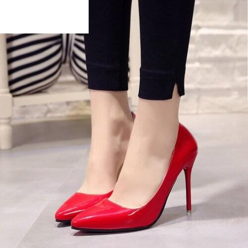 Plus Size 34-40 Hot Women Shoes Pointed Toe Pumps Patent Leather Dress High Heels Boat Wedding Zapatos Mujer Blue Wine Red