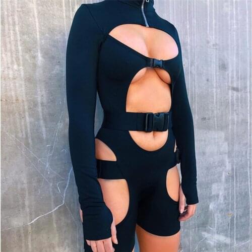 Women Bodycon Solid Color High Collar Buckle Cut Out Biker Romper Sexy Long Sleeves Zip Hollow Clubwear Bodysuit Short Jumpsuit