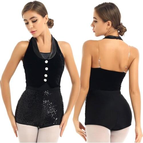 Womens Halter Neck Sleeveless Soft Velvet Vest Top Sequined Bottom Ballerina Leotard Bodysuit for Jazz Dance Stage Performance