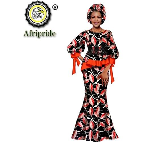 African Clothes for Women Print Lace Tops Maxi Skirts and Headscarf 3 Piece Set Dashiki Outfits for Wedding Evening S2126019