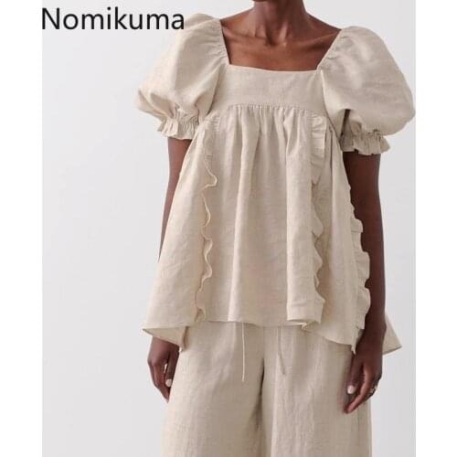 Nomikuma Cotton Linen Square Collar Blouse Shirt Sexy Bow Tie Backless Women Tops Spring Summer New Puff Sleeve Blusas 6G456