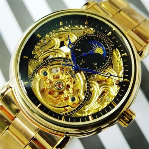 Forsining Business Automatic Mechanical Watch Mens Clock Golden Moon Phase Steel Strap WristWatches Top Brand Relogio Masculino