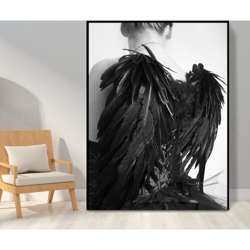 Beautiful Girl Black Feather Canvas Painting Scandinavian Posters and Prints Nordic Wall Art Picture for Living Room Decor