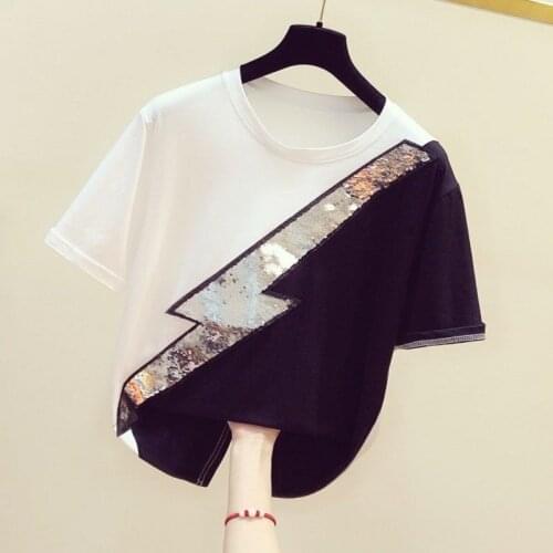 Korean Style Summer New Large Size Design Sweet Lightning Stitching Large Girls Loose Short-Sleeved T-shirt Fashion