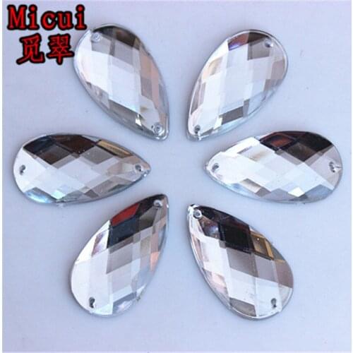 Micui 50PCS 16*30mm Drop Shape Clear Color Acrylic Crystal Rhinestone Sew On 2 Holes Flatback Strass Crystal Stones ZZ424