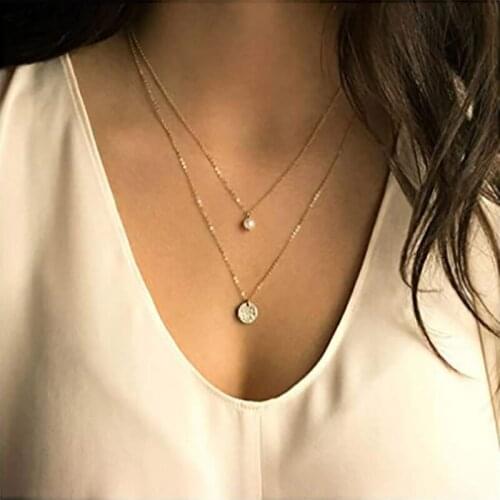 Layered Necklace Choker V Shaped Necklace Crystal bead Disc Pendant Jewelry for Women and Girls
