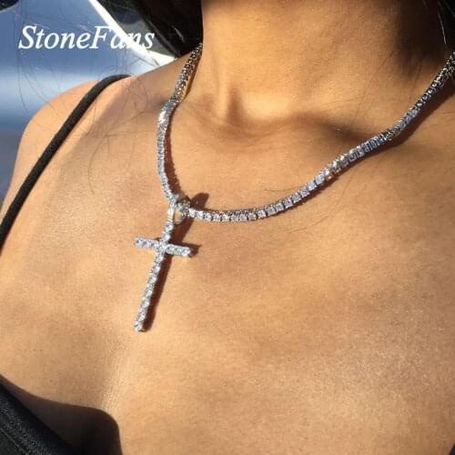 Stonefans Fashion Tennis Chain Rhinestone Cross Necklace Silver Color Women Charm Pendant Necklace Crystal Choker Jewelry