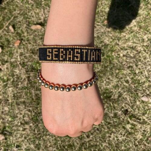 FlaneurPlanet Set of 2pcs Custom Name Braided Bead Bracelet with 18K Gold Brass Bead Stretch Bracelet