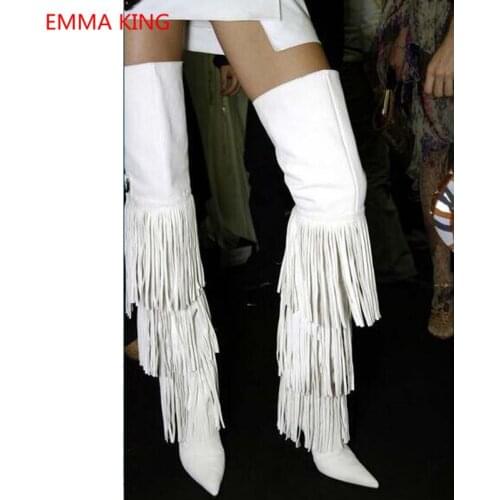 Autumn Winter White Fringe Thigh High Boots For Women Side Zipper Pointed Toe Thin High Heels Shoes Woman Over Knee Long Boots