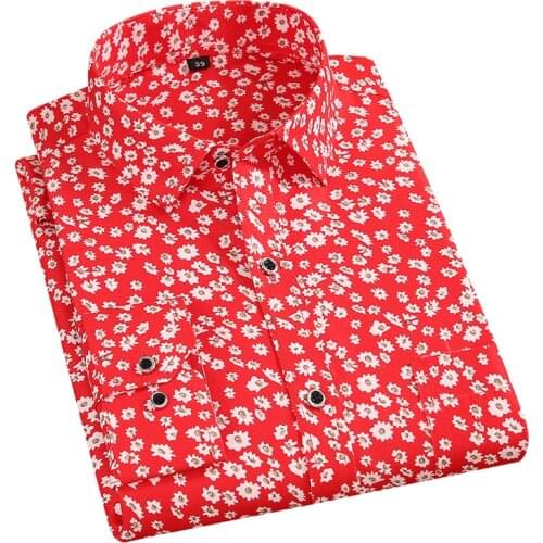 AOLIWEN men white red small floral print long sleeve shirt spring summer leisure trend beach vacation cool and soft slim shirts