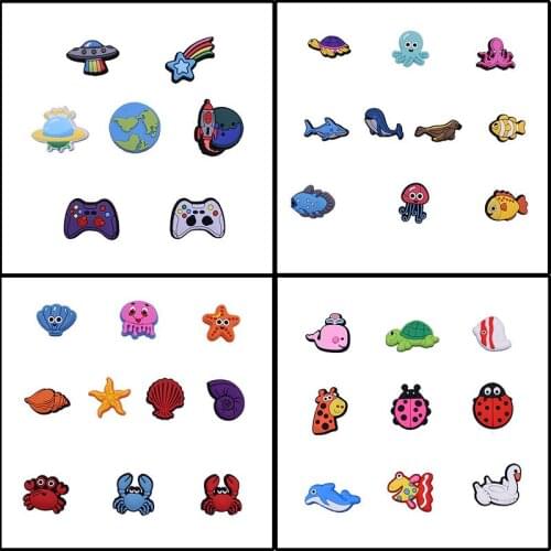 1set Sale PVC Shoe Charms Animals Ball space fruit Starfish Shoe Buckle Decoration for croc jibz Kids Party X-mas girl Gift