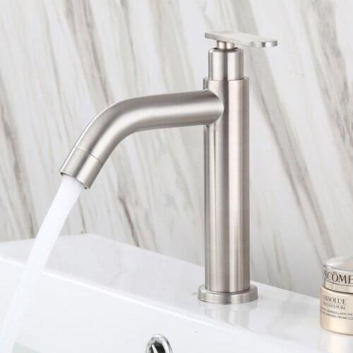 Stainless Steel Bathroom Basin Sink Faucet Deck Mounted Single Cold Single Handle Water Tap Kitchen Faucet Household Supplies