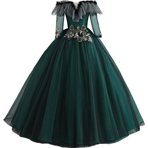 Dark green ruffled slash collar ball gown long dress vintage medieval dress Renaissance princess Victoria dress