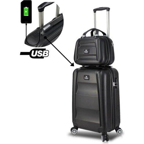 My Valice Smart Bag Exclusive Usb Charger Input 2'li Valise Set (Cabin and Makeup) Black