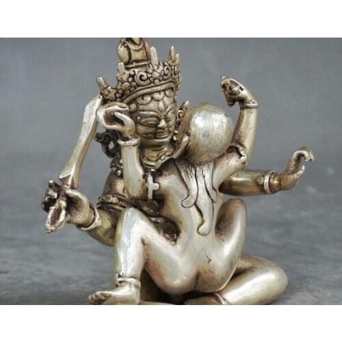 YM 311 4" OLD CHIN5 TIBETAN BUDDHISM SILVER VAJRA MANDKESVARA YAB-YUM BUDDHA STATUE