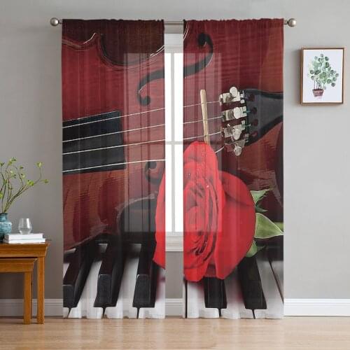Violin And Red Roses On Piano Window Curtains Bedroom Modern Drape Sheer Tulle Valances Living Room Kitchen Voile Curtain
