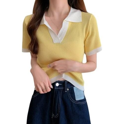 EFINNY T-shirt Women 2021 Summer V-Neck Knited T-Shirts Solid Color Tops Cotton T-shirt Cropped T-shirt 2021 New Arrival