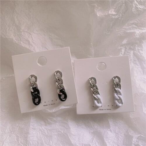 TIMEONLY Hyperbole Hollow Chunky Curb Chain Drop Earrings Splicing Black White Color Enamel Metal Tassel Earring for Women Girl